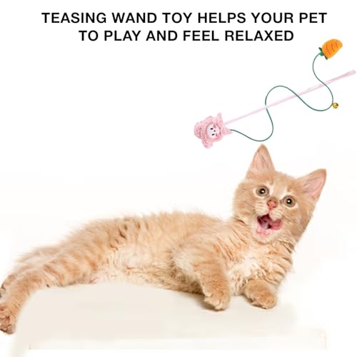 Image of Cat and Dog Playing Stick |Durable Dog and cat Teaser Playing Stick with Interactive Feather| Non- Slip and Non Toxic Durable Teasing Wand Toy with Rope (Pink)