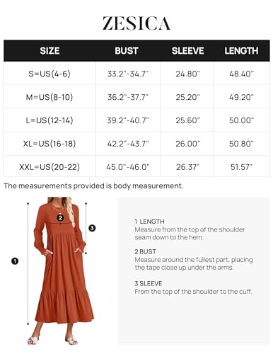 Zesica Women'S 2024 Fall Long Sleeve Dress Crewneck Casual Loose Pleated Tiered Swing Midi Dresses With Pockets,Rust,Small thumb #5