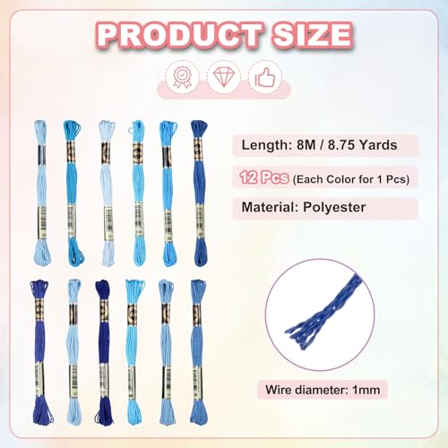 Image of PATIKIL 12 Skeins Embroidery Floss Polyester Embroidery Threads Bracelets String for Cross-Stitch Hand Embroidery, Dark Blue
