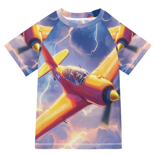 Boys Swing Shirts Fighter Airplane Lightning Rashguard Short Sleeve Kids T-Shirts Sun UPF 50+