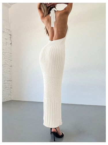 Image of GORGLITTER Women's Crochet Dress Halter Backless Bodycon Deep V Neck Long Knit Maxi Dresses Summer Beach Outfits 2026