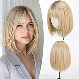 EMMOR 12 Inch Human Hair Wig for Women - Shoulder Length Layered Bob Wig with Bangs & Breathable Cap, Natural Looking Daily Wear Wig(Ombre Light Blonde)