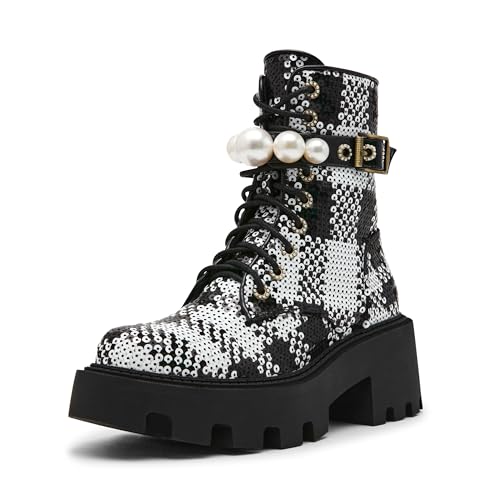 Betsey Johnson Women's Jonnie Combat Boot, Black White Plaid, 7