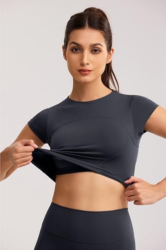 Image of ENERBLOOM Workout Crop Tops for Women Yoga Short Sleeve Mild Support Slim Fit Cropped Athletic Shirts Gym Tee Built in Bra