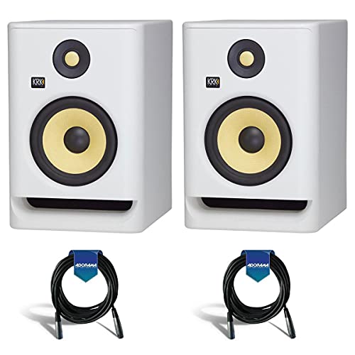KRK 2 Pack ROKIT 7 G4 7\" Powered White Noise Near-Field Studio Monitor, 42Hz-40kHz Frequency Response - With 2 Pack 20\' 6mm Rubber XLR Microphone Cable