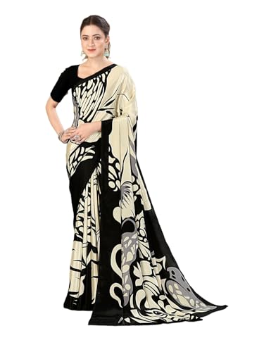 Image of SIRIL Women's Crepe Silk Printed Saree with Unstitched Blouse Piece