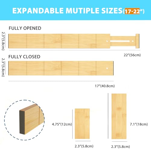6 Pack Bamboo Drawer Dividers with 12 Inserts, Expandable Adjustable Clothes Drawer Organizers and Storage from 17" to 22" for Kitchen, Bedroom, Dresser, Cosmetics (Natural) - Image 5