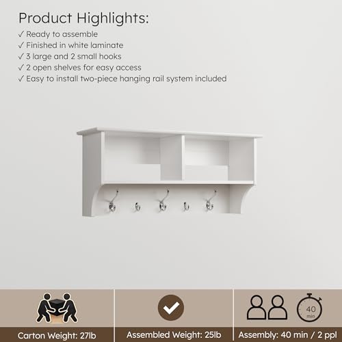 Prepac 36" Contemporary Wall Mounted Coat Rack, Coat Hooks Wall Mount with 2 Shelves, Ideal for Hallway or Entryway Storage Solution, 11.5"D x 36"W x 16.5"H, White