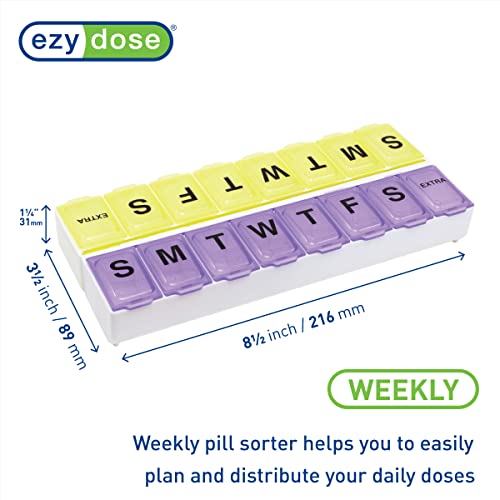 Image of EZY DOSE Weekly (14-Day) Pill Organizer, Vitamin and Medicine Box, Large Snap Compartments, Easy-to-Open, BPA Free, Purple and Yellow (Pack of 2)