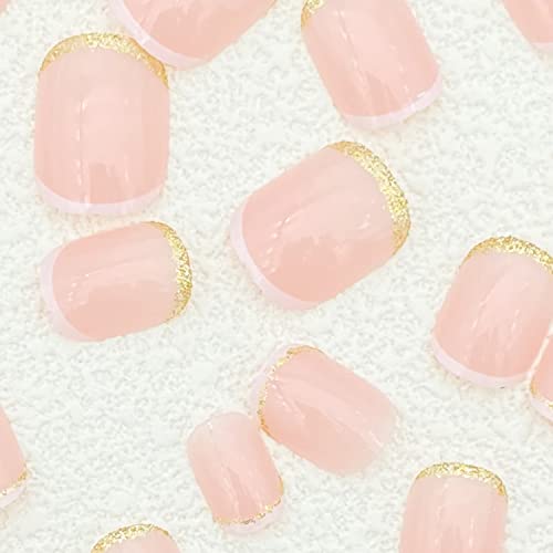 24 Pcs Fake Nails Short, French Tip Press On Nails Full Cover False Nails With Designs Glossy Glue On Nails White Gold Nail Tips Nude Pink Acrylic Nails Extra Short Press On Nails For Women Girls #TOP4