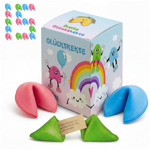 Glückskekse Bunt 15 Stück (Blau Rosa Grün) Knuspriges Gebäck mit Sprüchen Deutsch & Englisch Vanille Geschmack vegetarisch einzeln verpackt kleine Geschenke für Familie Freunde & Kollegen