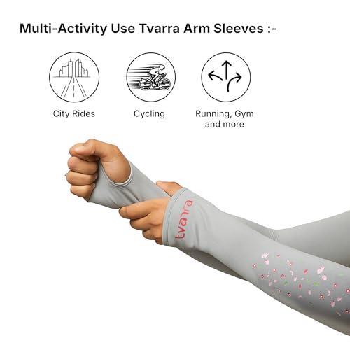 Image of TVARRA Anti-Tan Fingerless Arm Sleeves for Women|UV Protection Hand Cover Sleeves for Bike Riding, Running & Outdoor Use,Dust & Summer Protection Arm Sleeves for Girls (Petals Design)