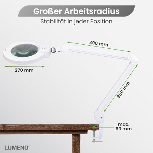 Lumeno 8245PRO LED Lupenleuchte mit großer 177 mm Echtglaslinse, dimmbar mit Segementschaltung und robustem Metallgehäuse ideal als Lesehilfe, für Handarbeit, Praxis Fußpflege, 5 Dioptrien