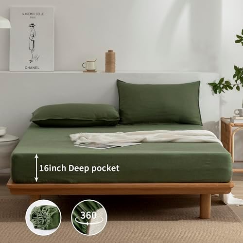EVERLY Linen Queen Sheets Set, 100% Stonewashed French Linen Bed Sheets Deep Pocket Sheets, 4 Pieces (1 Flat Sheet, 1 Fitted Sheet, 2 Pillowcases) Natural Flax Bedding Set-Mossy Green - Thumbnail 5