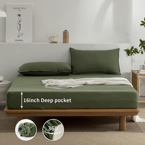 EVERLY Linen California King Size Sheets Set, 100% Stonewashed French Linen Bed Sheets Deep Pocket Sheets, 4 Pieces (1 Flat Sheet, 1 Fitted Sheet, 2 Pillowcases) Natural Flax Bedding Set-Mossy Green