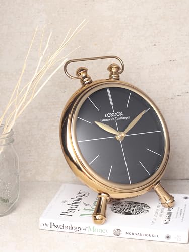 Image of Decor de Maison Brings Handcrafted Essence Desk Timepiece Table Clock for Living Room, Bedroom, Study Table | Classic Non-Ticking Tabletop Battery Operated Analog Desk Clock in Gold (17x7x24cm)