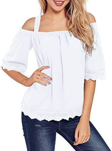 LEANI Women's Cold Shoulder Lace Trim Loose Blouse Top Summer Solid Color Spaghetti Strap Shirt White