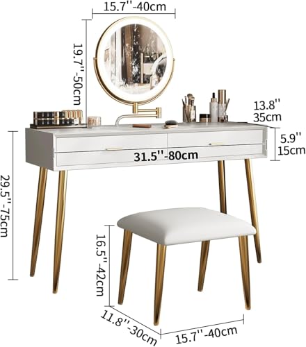 Mesa de maquillaje iluminada para dormitorio tocador blanco compacto con taburete cómodo 6