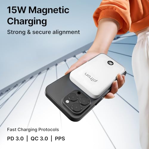 Image of pTron Dynamo Elite Magnetic Wireless 10000mAh Fast Charging Power Bank, 15W MagSafe Compatible, 22.5W Output, Compatible w /iPhone 12 & Above, Android & Other Qi Enabled Devices, Type-C Input (White)
