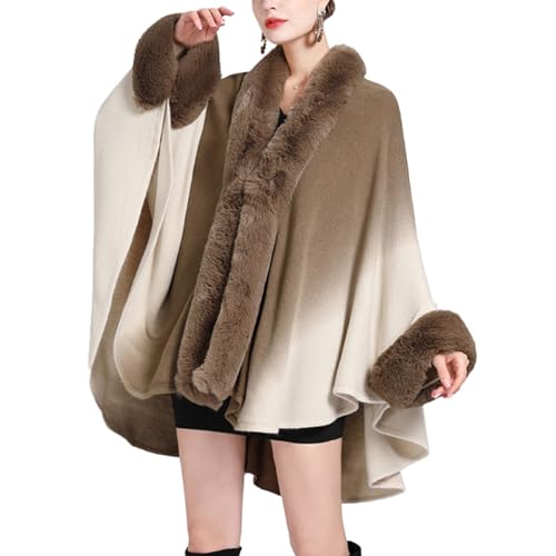 GIBOH Chaqueta Chal otoño e Invierno Degradado Color imitación Nutria Conejo Pelo Cuello de Punto Chaqueta Suelta Chaqueta de Punto,Caqui,One Size