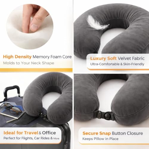Image of cozyland Memory Foam Travel Neck Pillow |Ultra Soft Velvet Fabric|Ergonomically Designed for Ultimate Comfort for Air, Car, Train, Bus Travel- Grey, Standard Size