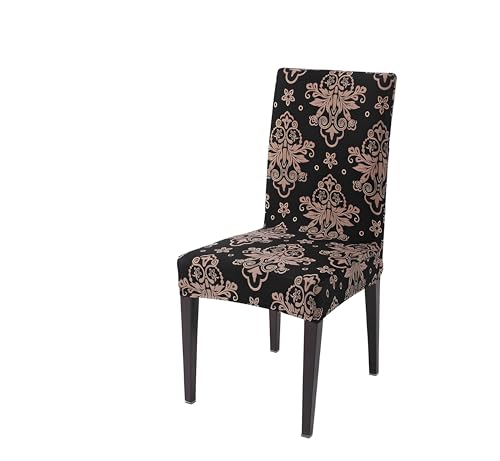 Image of Stretchable Dining Chair Cover - Washable, Removable, Anti-Slip, Protector, Universal Fit (Set of 1, Coffee Baroque Floral)