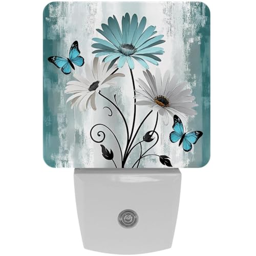 Image of Farm Teal Daisy Butterfly on Country Wooden Night Light [2 Pack], Plug in Wall Led Night Lights Decor for Boys Girls Room, Dusk to Dawn Sensor Wall Lamp for Stairway /Bedroom /Kitchen /Nursery Room