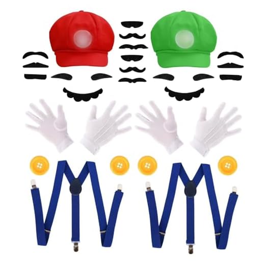 GLEEMEN Mario Bros Mario y Luigi Disfraz Sombreros Gorros Bigotes Guantes Botones Tirantes Cosplay Accesorio Para Disfraces De Carnaval Señoras Hombres Disfraz De Carnaval