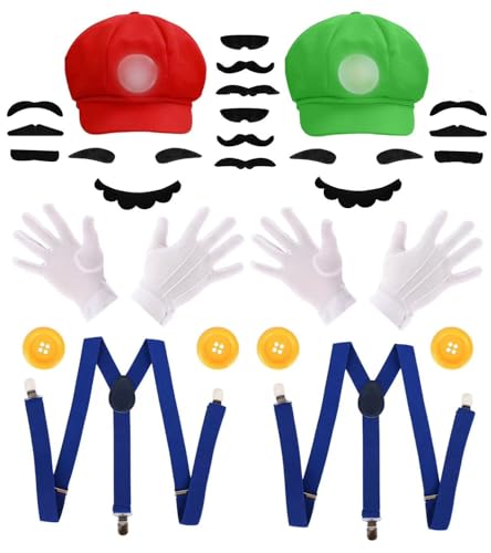 GLEEMEN Mario Bros Mario y Luigi Disfraz Sombreros Gorros Bigotes Guantes Botones Tirantes Cosplay Accesorio Para Disfraces De Carnaval Señoras Hombres Disfraz De Carnaval