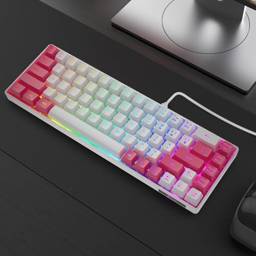 Image of GEODMAER 65% Gaming Keyboard, LED Backlit Mini Wired Keyboard, Ultra-Compact Anti-Ghosting No-Conflict 68 Keys Membrane Gaming Wired Keyboard for PC Laptop Windows Gamer(White-Pink)