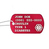 Medical Alert ID Personalized Custom Engraved Dog Tag Stainless Steel Necklace 24' Chain Made in USA (Red)
