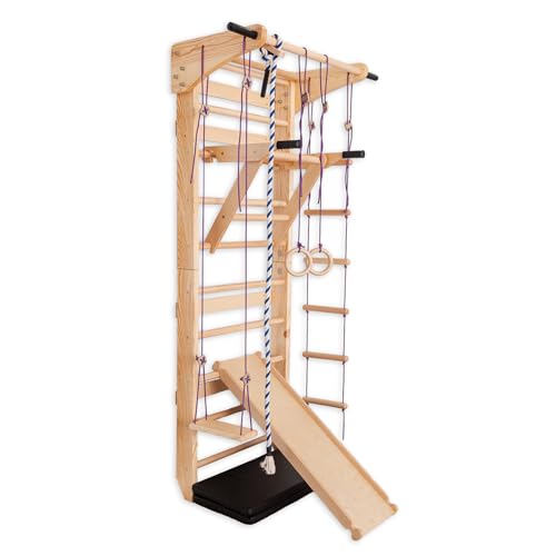 Escalera sueca con barras paralelas para niños y adultos - Pared de escalada de madera, equipo de fitness multifunción con anillos, tobogán, columpio, cuerda de escalada y escalera de cuerda