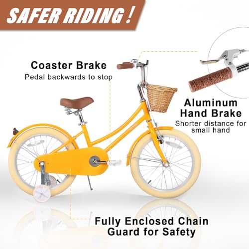 Image of Glerc Little Molly 12-20 Inch Kids Retro Cruiser Bike for 2-13 Year Old with Wicker Basket & Training Wheels /Kickstand, Multiple Colors