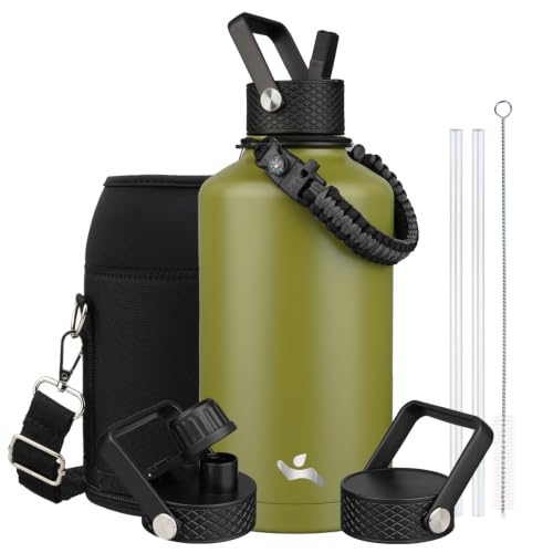 Image of Konokyo Insulated Water Bottle with Straw,87 oz 3 Lids Water Jug with Carrying Bag,Paracord Handle,Double Wall Vacuum Stainless Steel Metal Flask,Forest Green