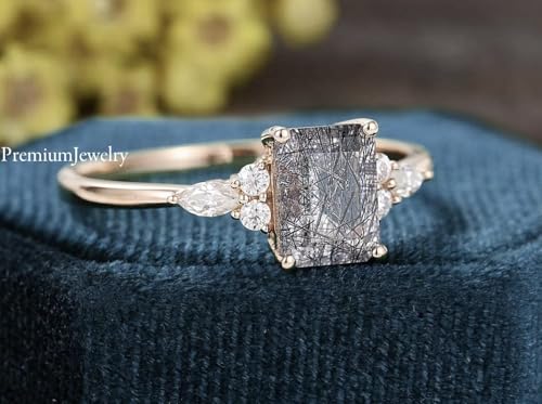 Emerald Cut Black Rutilated Quartz Ring, Delicate Cz Engagement Ring, Wedding Ring Set for Women, Christmas Gift, Bridal Ring, 925 Sterling Silver Ring3