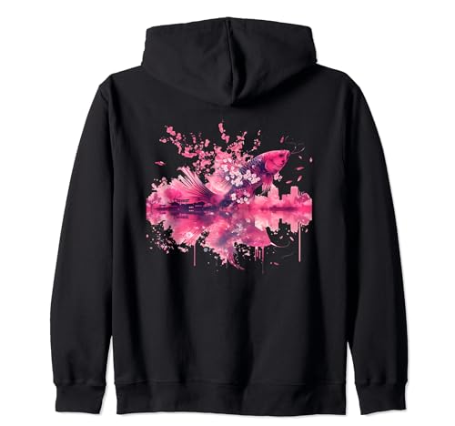Doble exposición Japonés Koi Carp Fish Sakura Cherry Blossom Sudadera con Capucha
