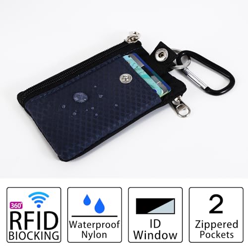 Image of MASAPHlL Small Lanyard Wallet for Women /Men with RFID Blocking ID Badge Holder, Minimalist Nylon Zipper Pouch, Travel Neck Wallet with Keychain, ID Window for Card,Coin,Cash (Dark Blue+Black)