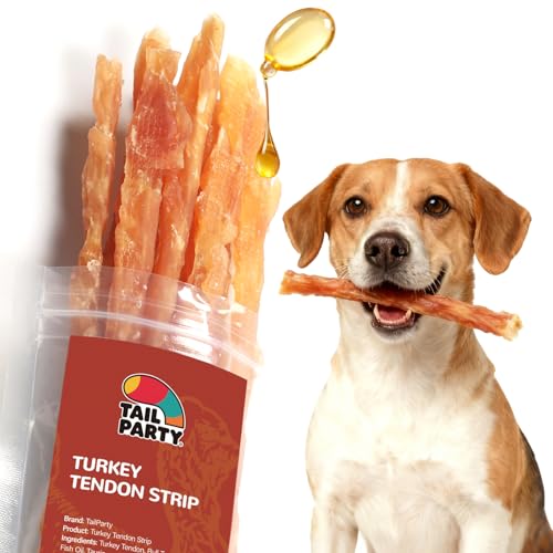 TailParty Turkey Tendons for Dogs with Fish Oil & Taurine All Natural Dental Chews & Training Treats Long Lasting Snack for Health-Conscious Pet Owners(Strip 3 oz)