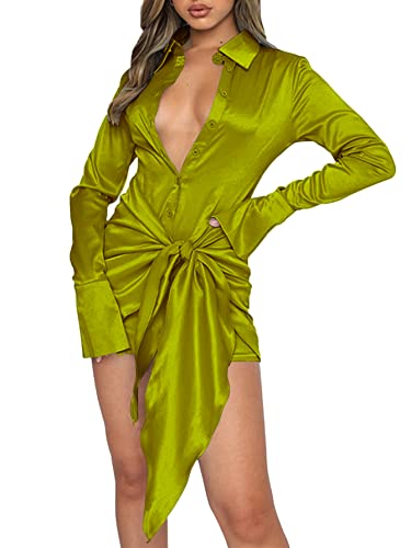 Image of LYANER Women's Stain Deep V Neck Button Down Tie Front Long Sleeve Mini Short Dress