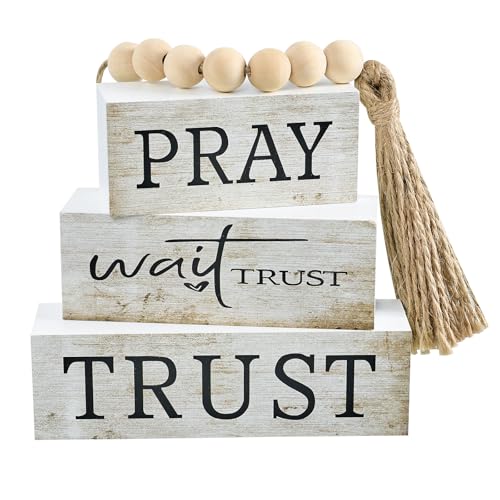 APUDWN 4 Pcs Pray Wait Trust Wooden Blocks Set, Christian Tabletop Decor with Bead Garland, Bible Verse Desk Centerpiece, Farmhouse Religious Wood Signs for Home Shelf, Office, Prayer Space