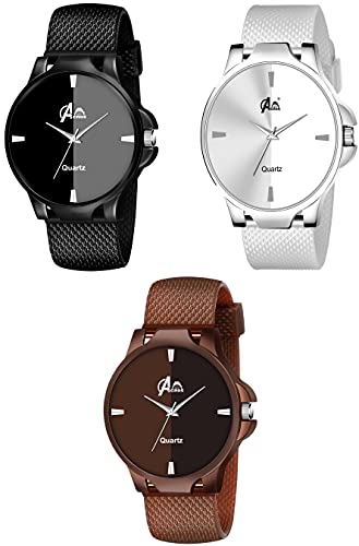 Image of Acnos Polyurethane Premium Brand - A Branded 3 Colors Black Brown And White Analog Super Quality Stylish Belt Watches For Men /Stylish Watches For Boys Pack Of 3, Multi-Color Dial, Multi-Color Band