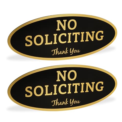 Image of ExcelMark No Soliciting Sign for House or Business - Durable Indoor /Outdoor Sign - Easily Attach to Front Door - UV and Weather Resistant (Small - 2 inchx 5 inch, Black with Gold Letters) (Pack of 2)