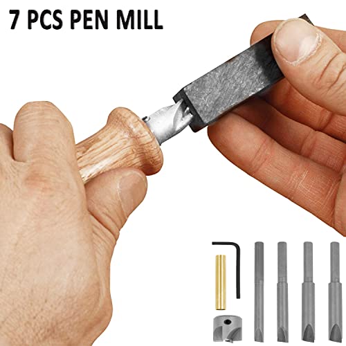 Pen Mill Set, 7 Pc Pen Barrel Trimming System With 3/4 Inch Cutting Head, 7Mm, 8Mm, 3/8 Inch, 10Mm Pilot Cutter Shafts, 0 Size Adaptor Sleeve And Hex Key Wrench, Pen Barrel Mill Trimmer Set By Tackpro #TOP6