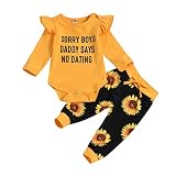 Baby Mädchen Kleidung Set Langarm Babybody Brief Gedruckt Romper Strampler + Sonnenblumen Hosen + Stirnband Bekleidungsset, Gelb, 18-24 Monate
