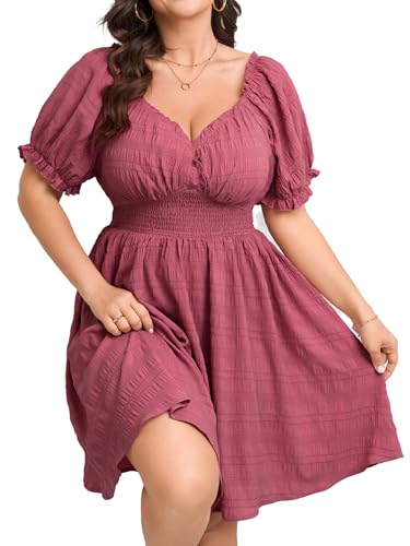 Image of SCOMCHIC Womens Plus Size Summer Dresses Casual Sun Dress Sweetheart V Neck Puff Short Sleeve Smocked A Line Mini Dress