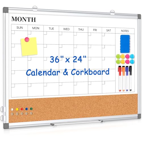 Monthly Calendar Whiteboard Dry Erase Cork Board Combo for Wall, 36" x 24" Magnetic Double-Sided Calendar White Board and Bulletin Board, Portable Board for Office, Kitchen, School, Home