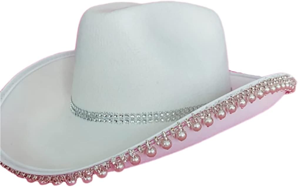 Rhinestone Stripe Cowgirl Hat with Dangle Pearl Brim Wedding Cowgirl Hat