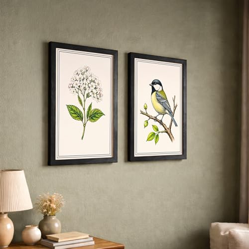 Image of NoWorries Botanical & Bird Wall Art Set of 2 Framed Wall Decor for Living Room Bedroom Office | Vintage Floral Bird Painting Wooden Frame Modern Home Decoration (Art-4, 13x19inch)