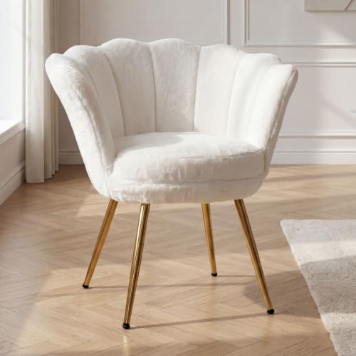 Ya-Home Sessel Wohnzimmer aus Teddystoff, Schminktischstuhl mit Goldfuß Gepolsterter Blumenform Loungesessel Relaxsessel für Wohn/Schlafzimmer, Weiß