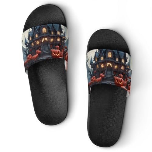 Pumpkin And Moon Halloween Funny House Sandals Non Slip Shower Slippers Quick Drying Bathroom Shoes for Women Men